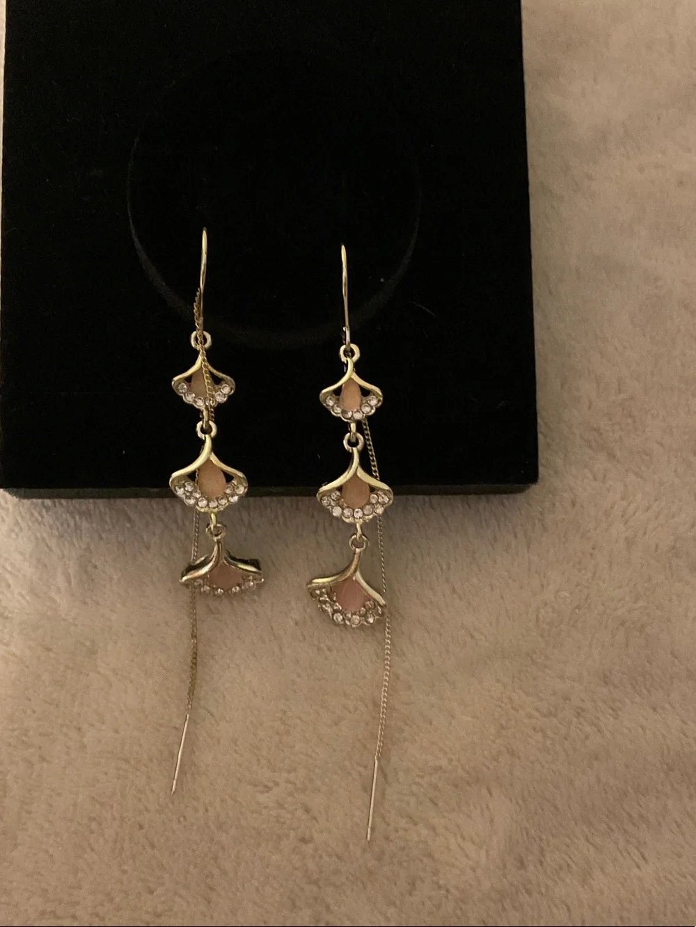 Gold-Tone Pink Enamel Floral Drop Earrings with Crystal Accents